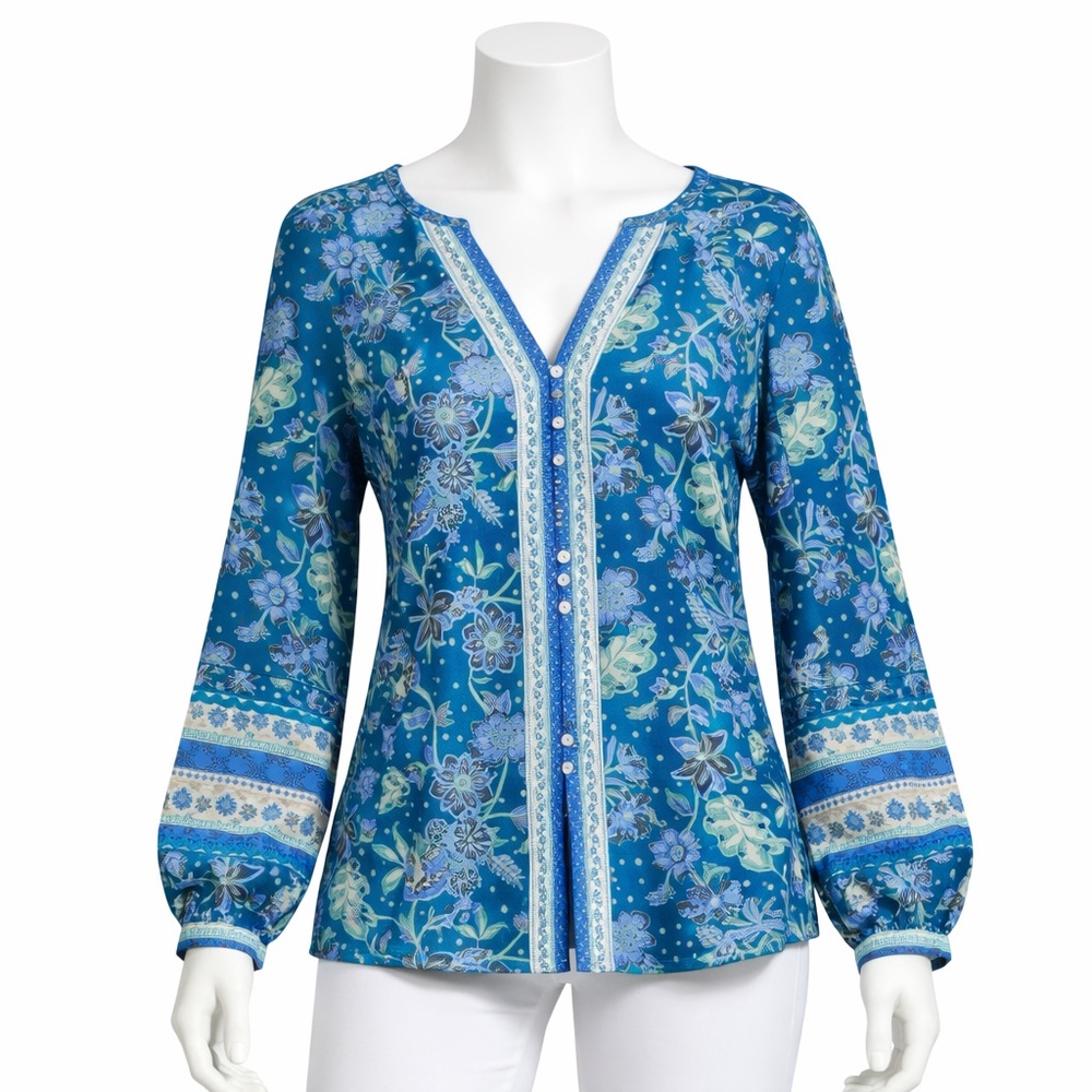 NWT Sundance Arvilla Blue Floral Cotton Silk Boho Top Size M